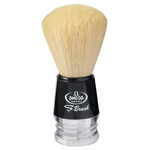 Omega S-Brush synthetic fiber shaving brush, black and trasparent plastic handle.