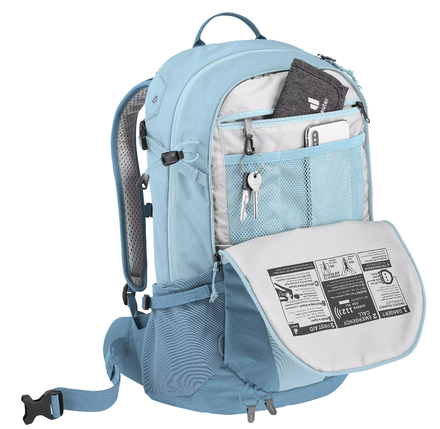 Front view of Deuter Futura 21 SL Hiking Backpack with front pocket unzipped, demonstrating interior details including mesh pockets and keyring clasp.
