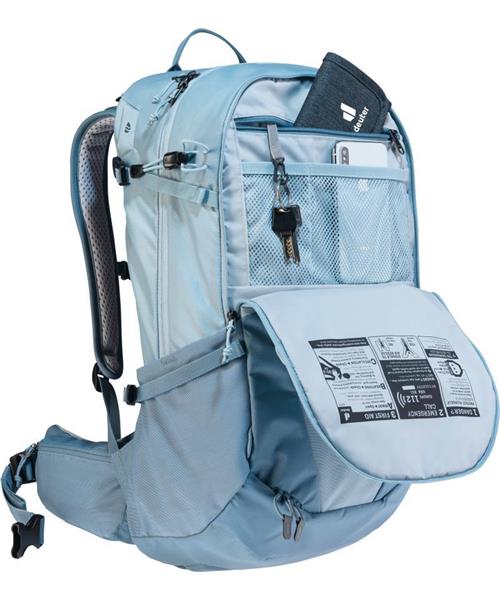 Front view of Deuter Futura 25 SL Hiking Backpack with front pocket unzipped, demonstrating interior details including mesh pockets and keyring clasp.