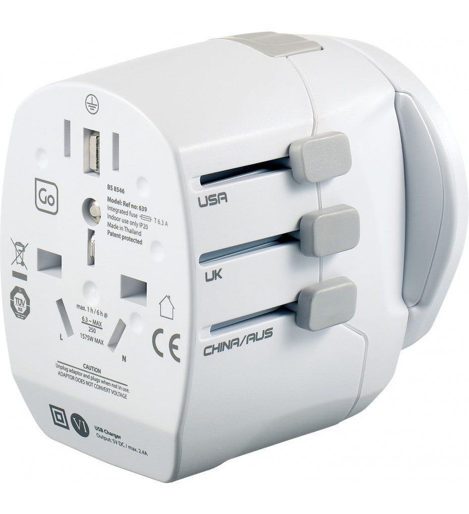 Go Travel World Adapter + Twin USB Charger Grounded