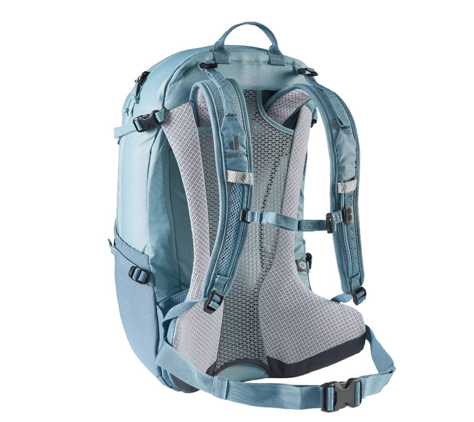 Back view of Deuter Futura 21 SL Hiking Backpack, demonstrating details of straps and back frame structure.
